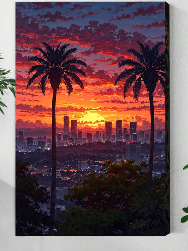 City Sunset Wall Art – Urban Skyline Canvas with Palm Trees