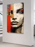 Abstract Modern Face Painting on Canvas – Bold Red, Gold & Black Expressionist Art
