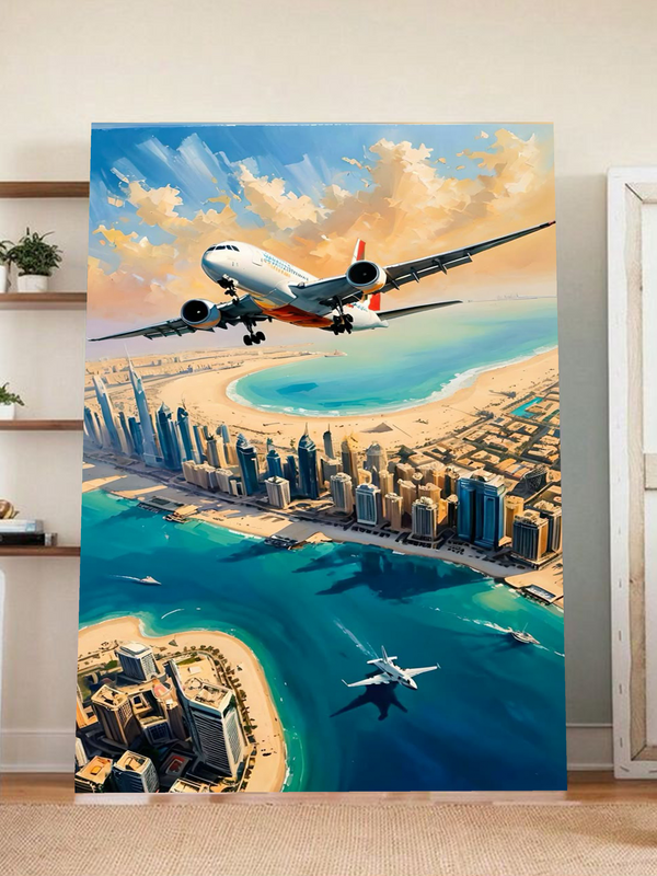 Futuristic Cityscape and Airplane Art