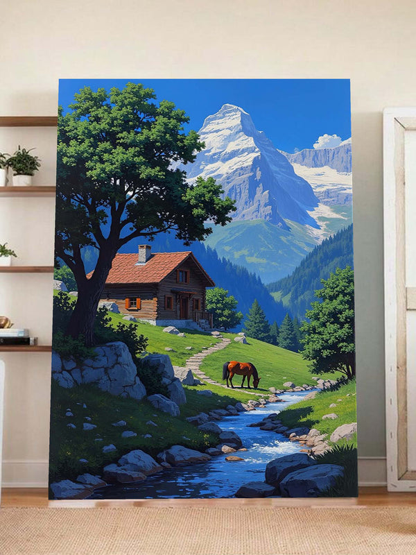 Mountain Cabin Wall Art – Serene Chalet, Horse & Stream Landscape Print