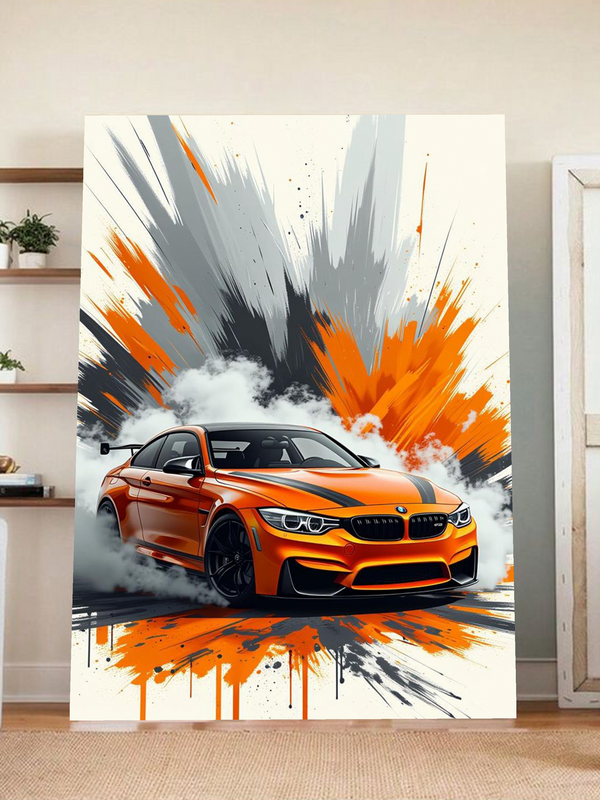 BMW M4 Drift Art – Orange Sports Car Illustration with Smoke and Splatter