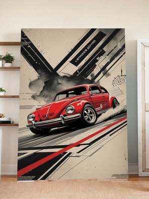Red VW Beetle Racing Poster – Vintage Volkswagen Art with Abstract Background