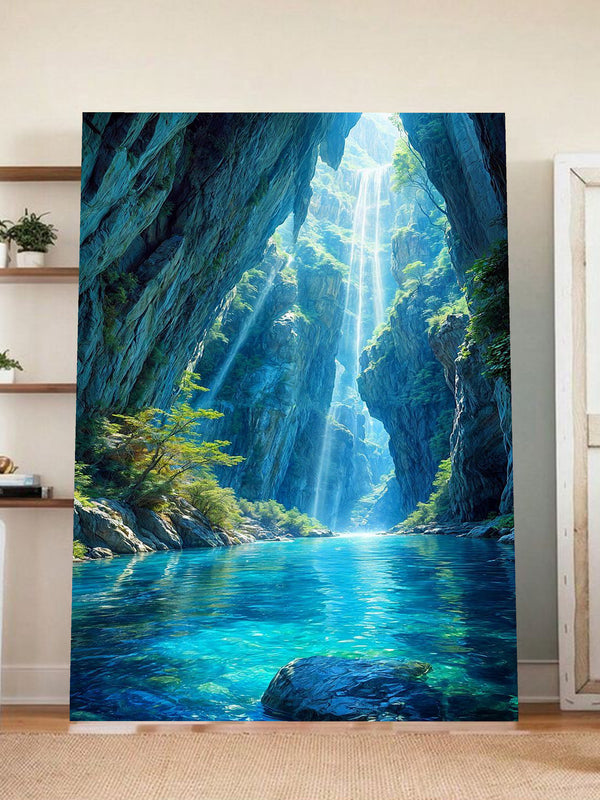 Magical Canyon Waterfall Wall Art – Nature Landscape Print with Blue Lagoon & Sunlight Rays
