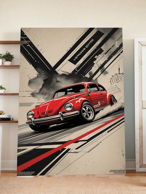 Red VW Beetle Racing Poster – Vintage Volkswagen Art with Abstract Background