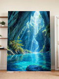 Magical Canyon Waterfall Wall Art – Nature Landscape Print with Blue Lagoon & Sunlight Rays