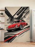 Red VW Beetle Racing Poster – Vintage Volkswagen Art with Abstract Background