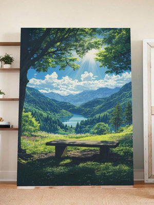Tranquil Mountain View Wall Art – Serene Bench Overlook, Forest Lake Nature Print