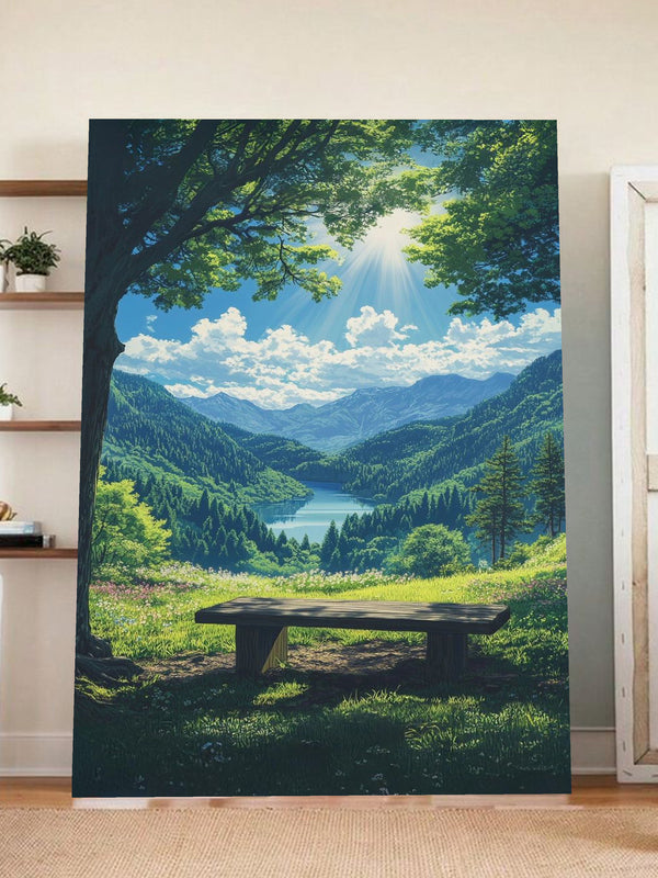 Tranquil Mountain View Wall Art – Serene Bench Overlook, Forest Lake Nature Print