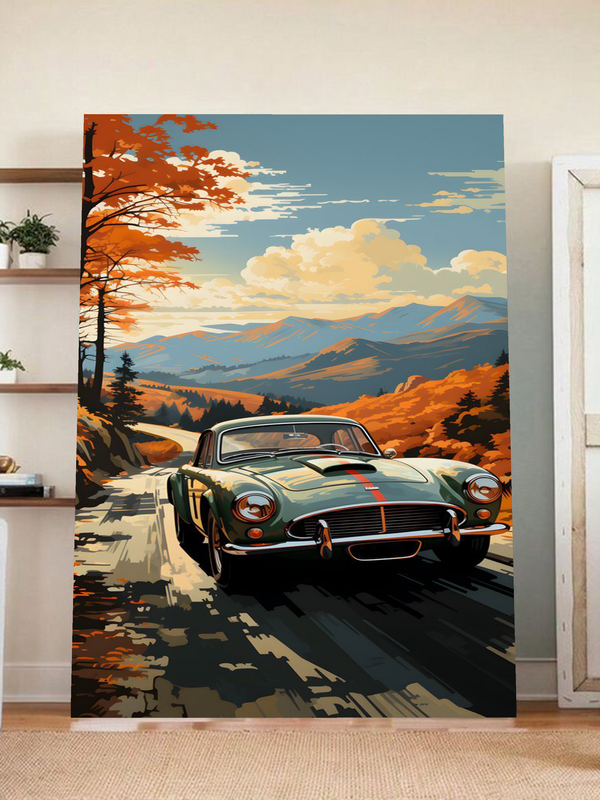 Vintage Green Sports Car Autumn Poster – Classic Car Art in Mountain Landscape