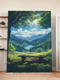 Tranquil Mountain View Wall Art – Serene Bench Overlook, Forest Lake Nature Print