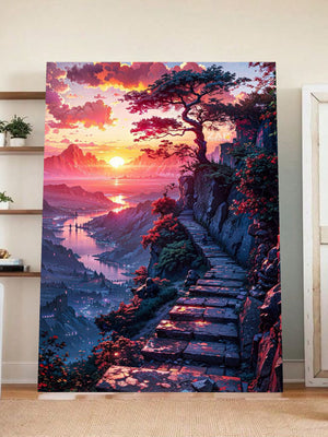 Fantasy Mountain Path Wall Art – Surreal Sunset Landscape Canvas Print