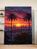 City Sunset Wall Art – Urban Skyline Canvas with Palm Trees