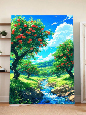 Peach Orchard Stream Wall Art – Vibrant Summer Landscape Nature Print for Home Decor