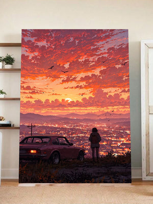 Twilight Reverie – Sunset Cityscape & Vintage Car Art Print