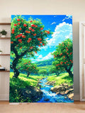 Peach Orchard Stream Wall Art – Vibrant Summer Landscape Nature Print for Home Decor